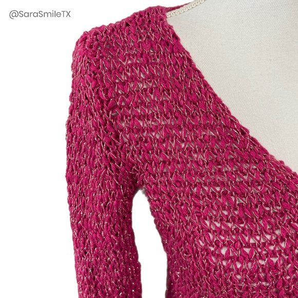 PORTMANS AUSTRALIA Pink Metallic Gold Open Knit Asymmetric Hem Sweater - Picture 8 of 13